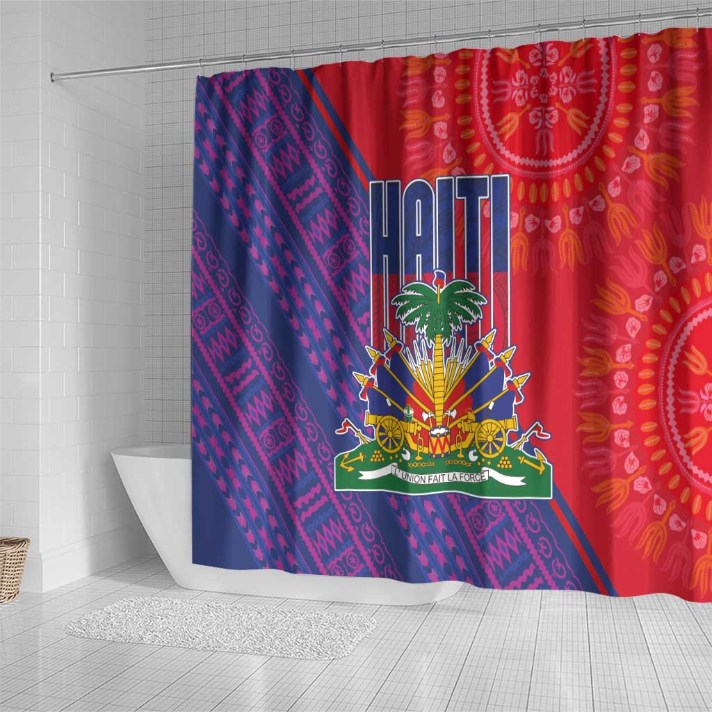 Haiti National Emblem Shower Curtain Dashiki and Polynesian Pattern