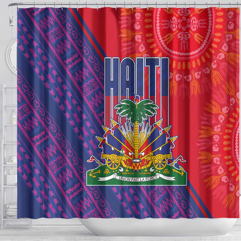 Haiti National Emblem Shower Curtain Dashiki and Polynesian Pattern