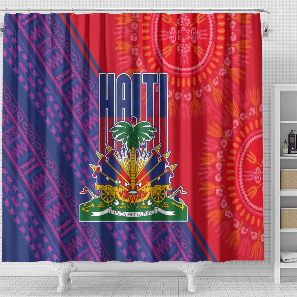 Haiti National Emblem Shower Curtain Dashiki and Polynesian Pattern