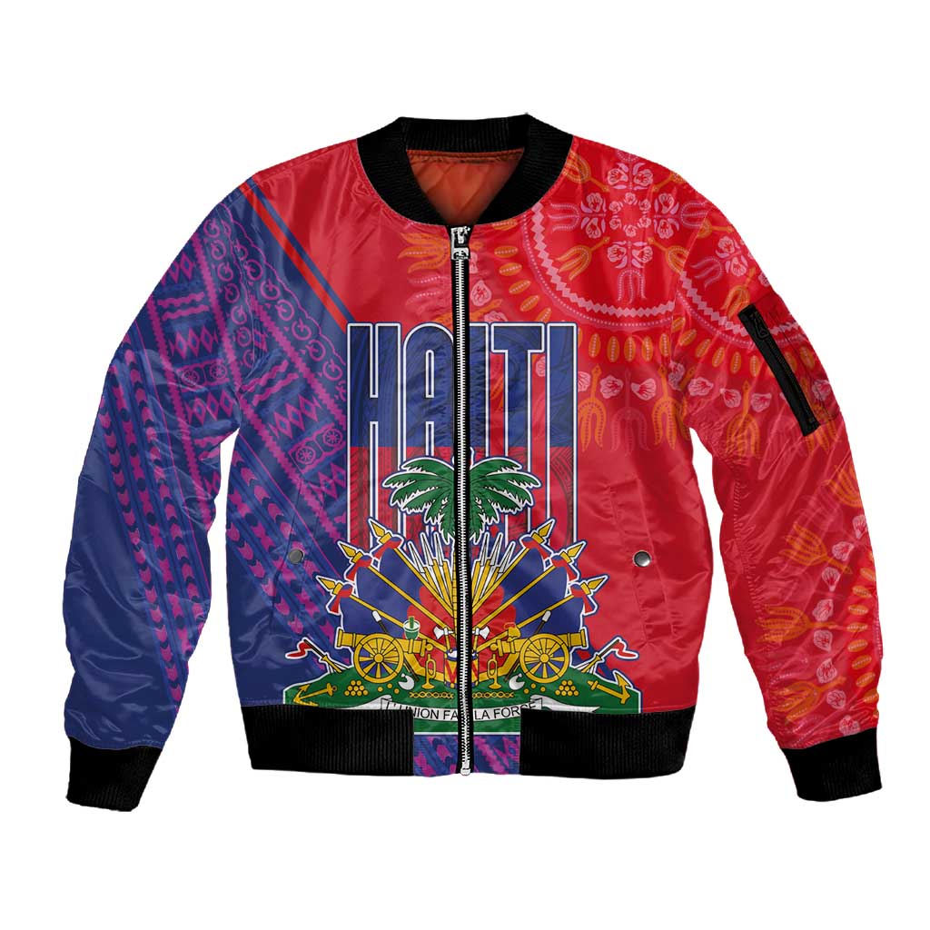 Haiti National Emblem Sleeve Zip Bomber Jacket Dashiki and Polynesian Pattern