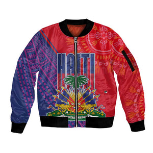 Haiti National Emblem Sleeve Zip Bomber Jacket Dashiki and Polynesian Pattern