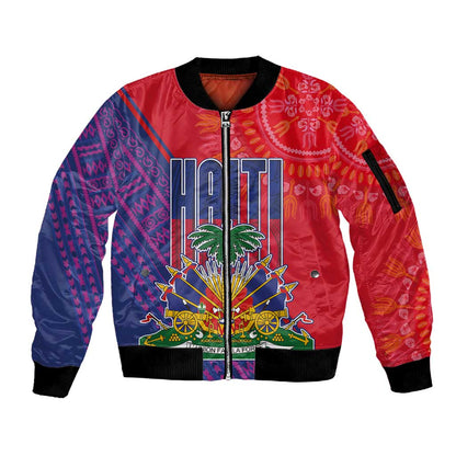 Haiti National Emblem Sleeve Zip Bomber Jacket Dashiki and Polynesian Pattern