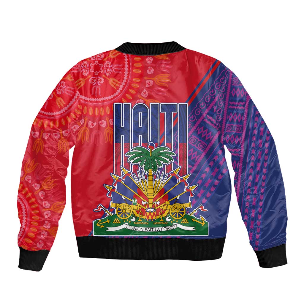 Haiti National Emblem Sleeve Zip Bomber Jacket Dashiki and Polynesian Pattern