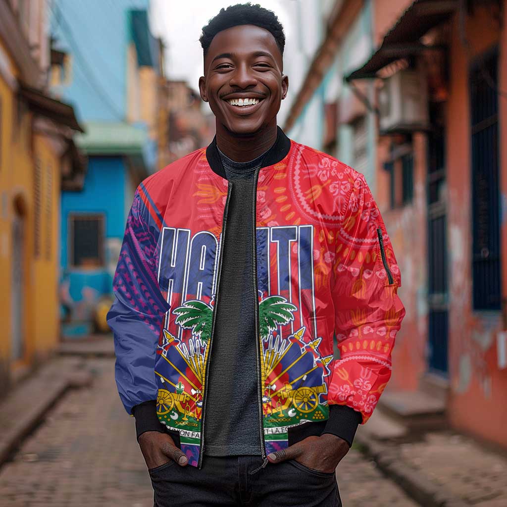 Haiti National Emblem Sleeve Zip Bomber Jacket Dashiki and Polynesian Pattern