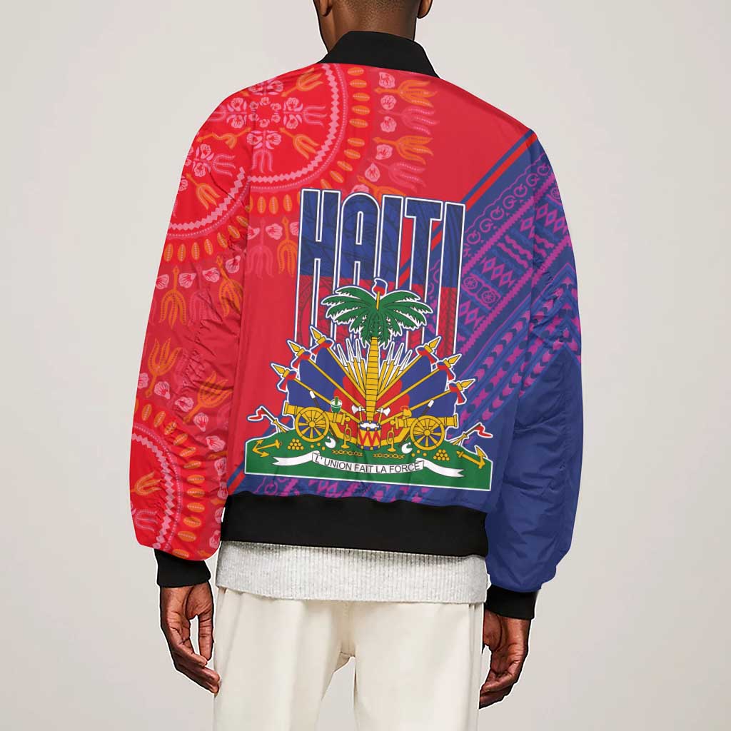 Haiti National Emblem Sleeve Zip Bomber Jacket Dashiki and Polynesian Pattern