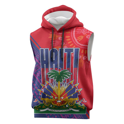 Haiti National Emblem Sleeveless Hoodie Dashiki and Polynesian Pattern - African Pride