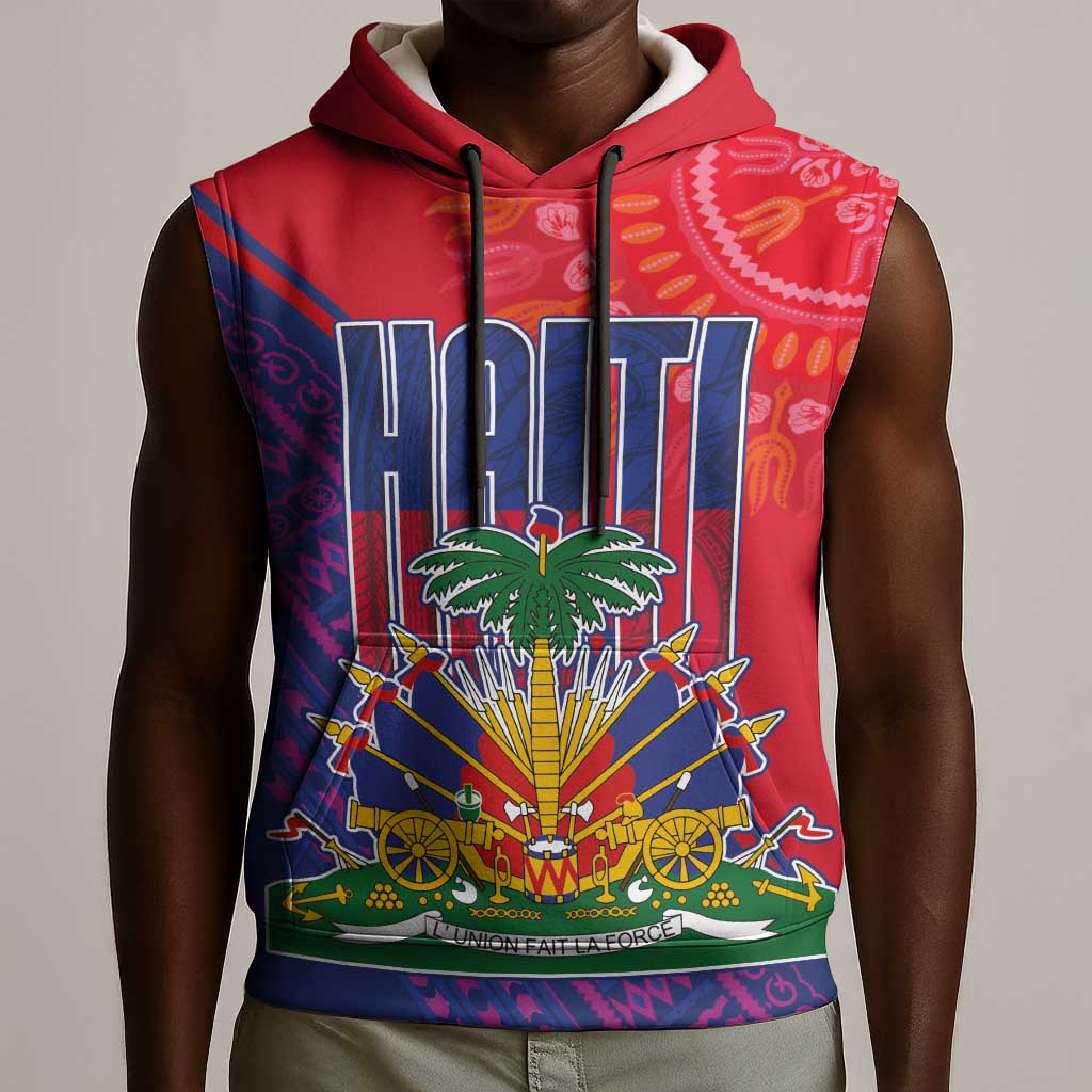 Haiti National Emblem Sleeveless Hoodie Dashiki and Polynesian Pattern - African Pride