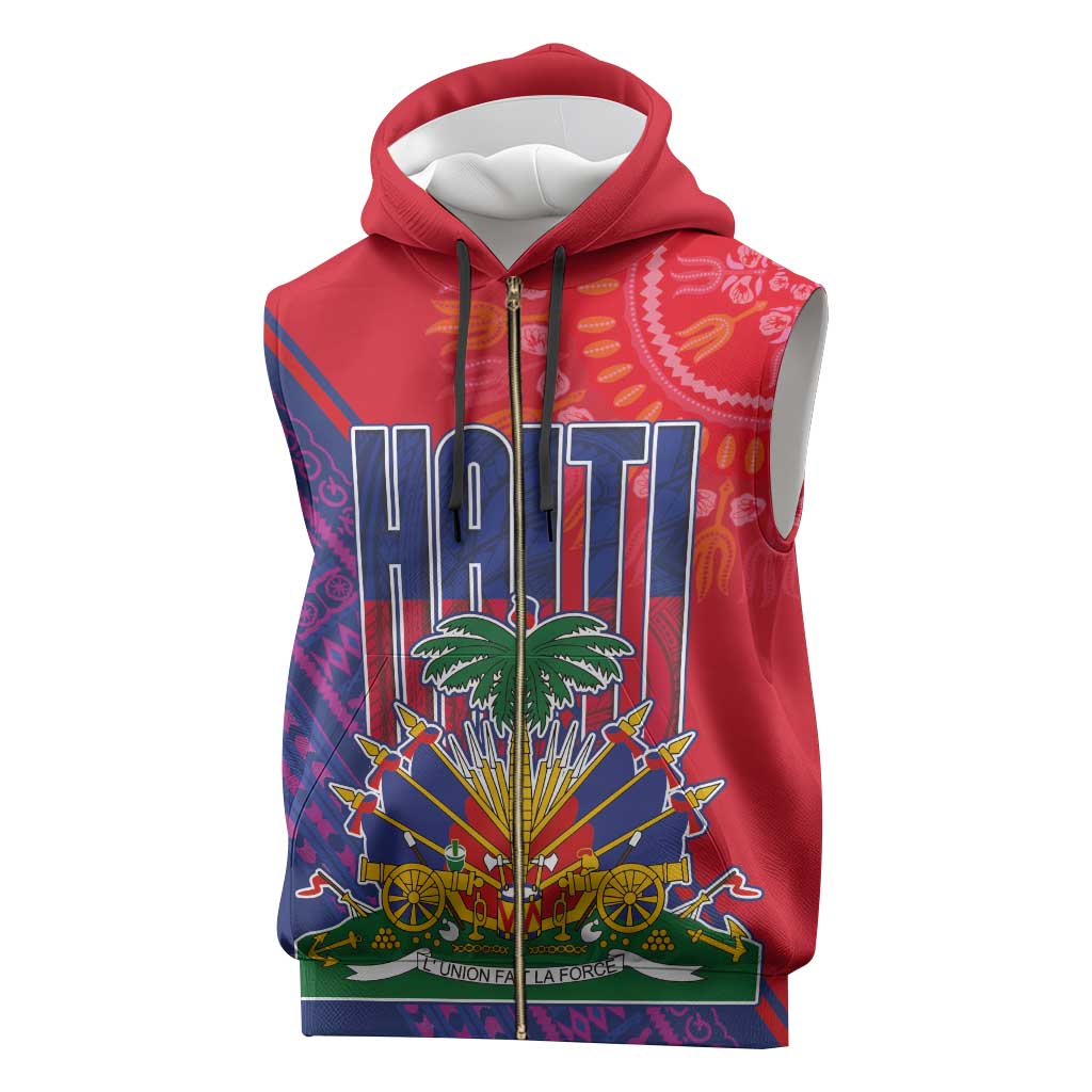 Haiti National Emblem Sleeveless Zip Hoodie Dashiki and Polynesian Pattern - African Pride