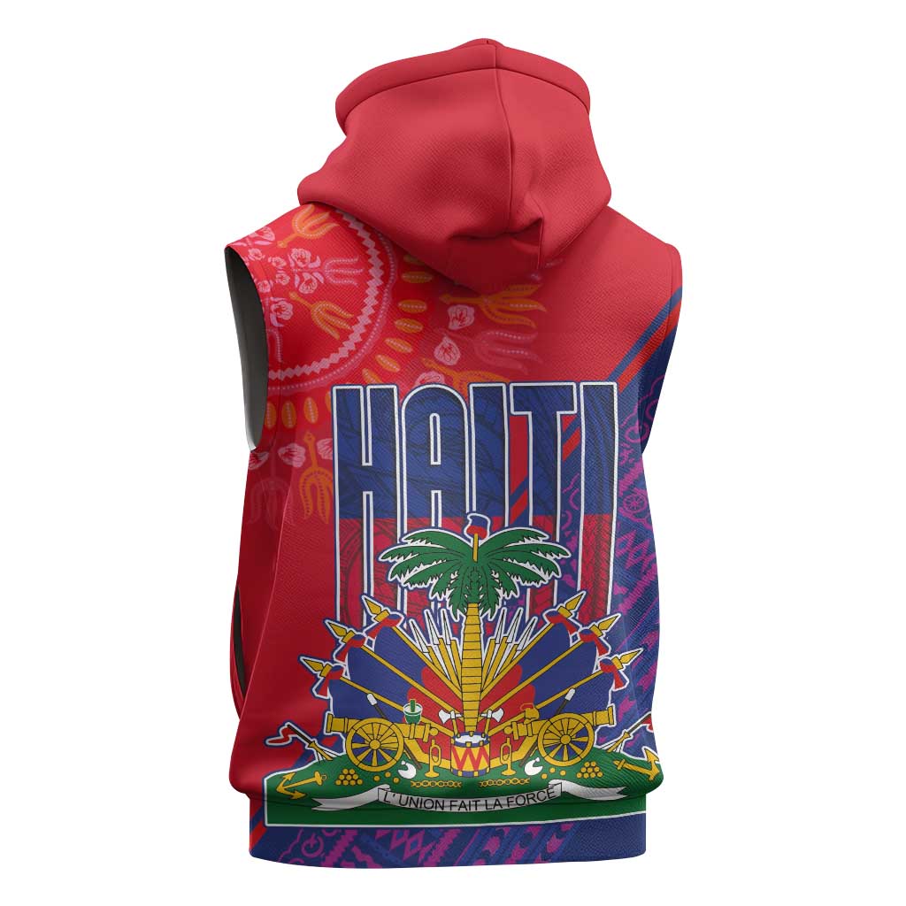 Haiti National Emblem Sleeveless Zip Hoodie Dashiki and Polynesian Pattern - African Pride