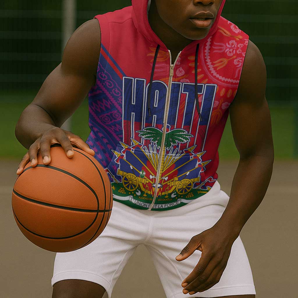 Haiti National Emblem Sleeveless Zip Hoodie Dashiki and Polynesian Pattern - African Pride