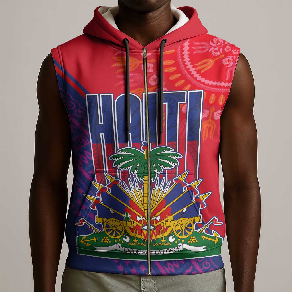 Haiti National Emblem Sleeveless Zip Hoodie Dashiki and Polynesian Pattern - African Pride