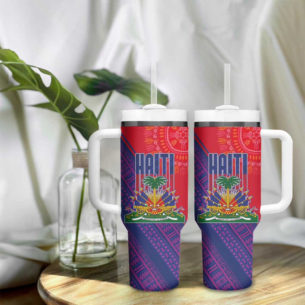 Haiti National Emblem Tumbler With Handle Dashiki and Polynesian Pattern
