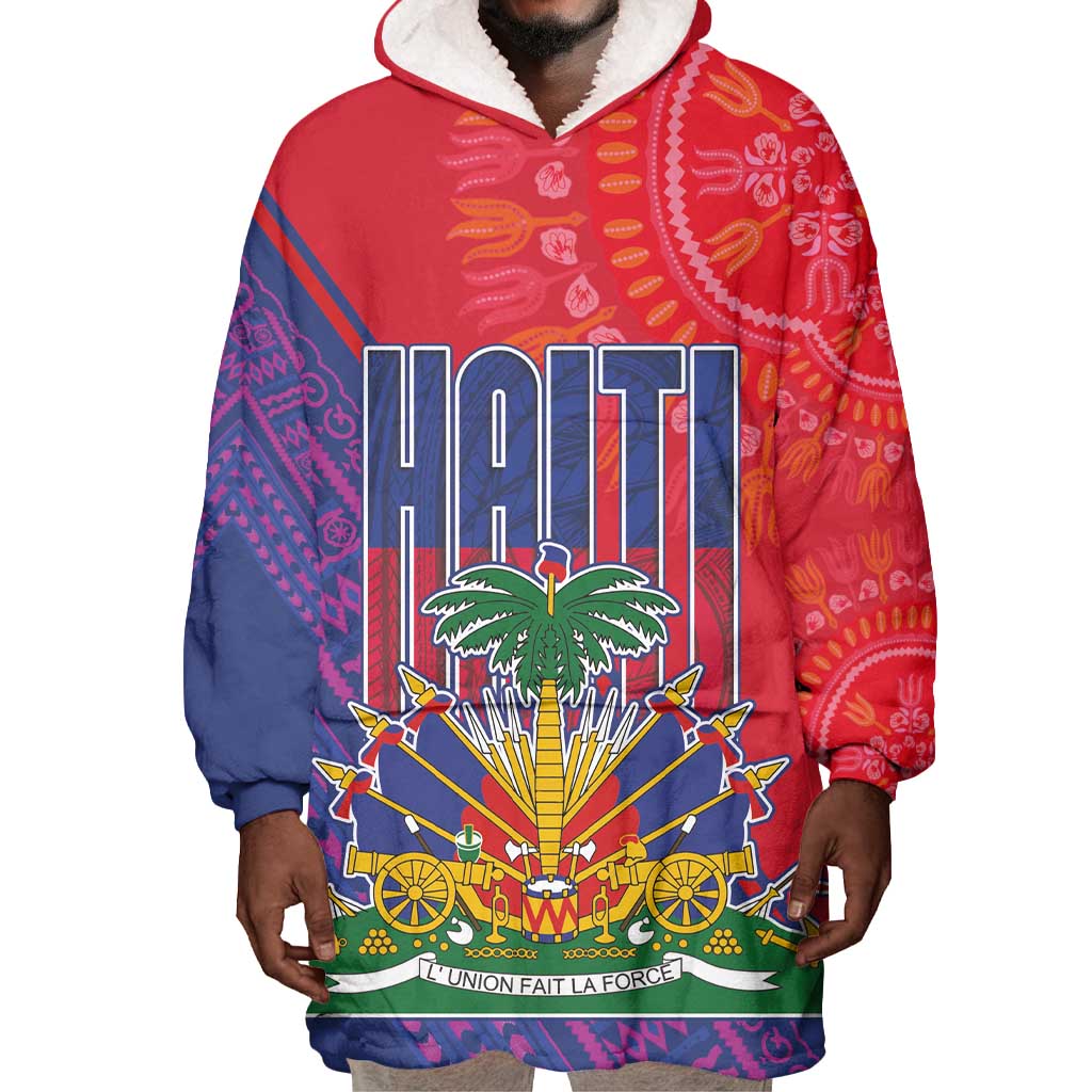 Haiti National Emblem Wearable Blanket Hoodie Dashiki and Polynesian Pattern