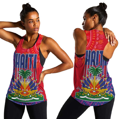 Haiti National Emblem Women Racerback Tank Dashiki and Polynesian Pattern