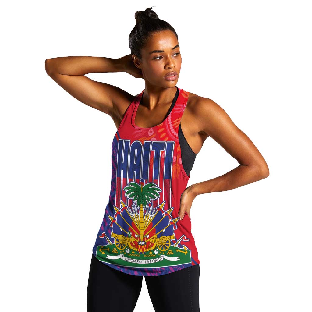Haiti National Emblem Women Racerback Tank Dashiki and Polynesian Pattern