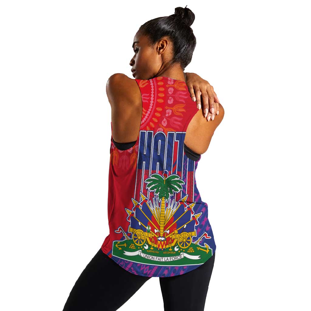 Haiti National Emblem Women Racerback Tank Dashiki and Polynesian Pattern