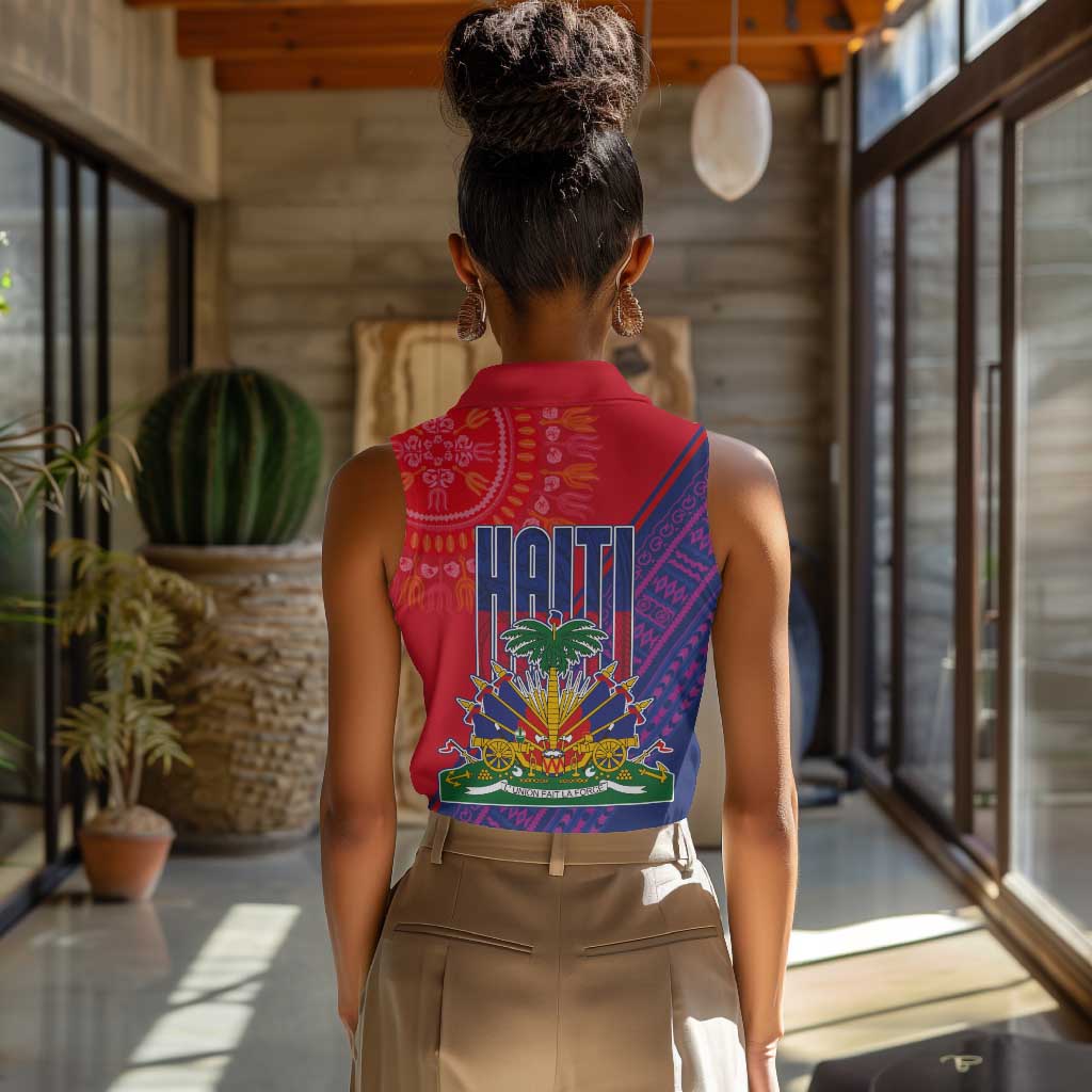 Haiti National Emblem Women Sleeveless Polo Shirt Dashiki and Polynesian Pattern
