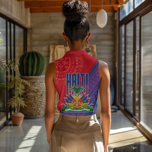 Haiti National Emblem Women Sleeveless Polo Shirt Dashiki and Polynesian Pattern