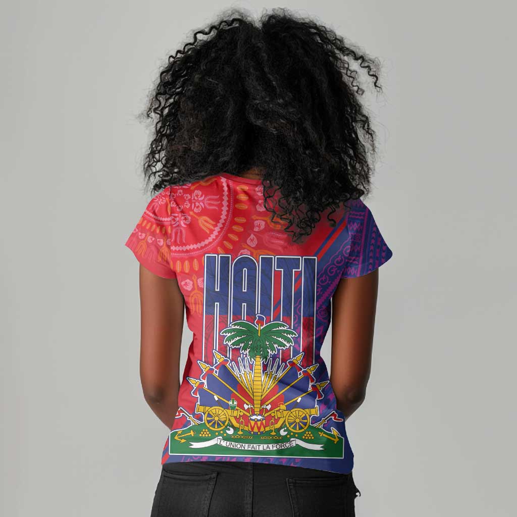 Haiti National Emblem Women V-Neck T-Shirt Dashiki and Polynesian Pattern