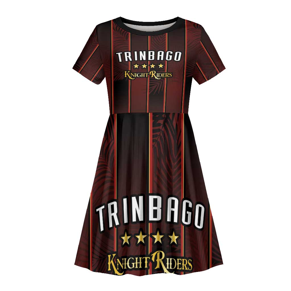 Custom Afro-Trinbago Cricket Knight Riders Kid Short Sleeve Dress Palm Leaves Stripes Style - African Pride