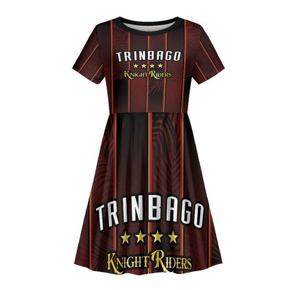 Custom Afro-Trinbago Cricket Knight Riders Kid Short Sleeve Dress Palm Leaves Stripes Style - African Pride