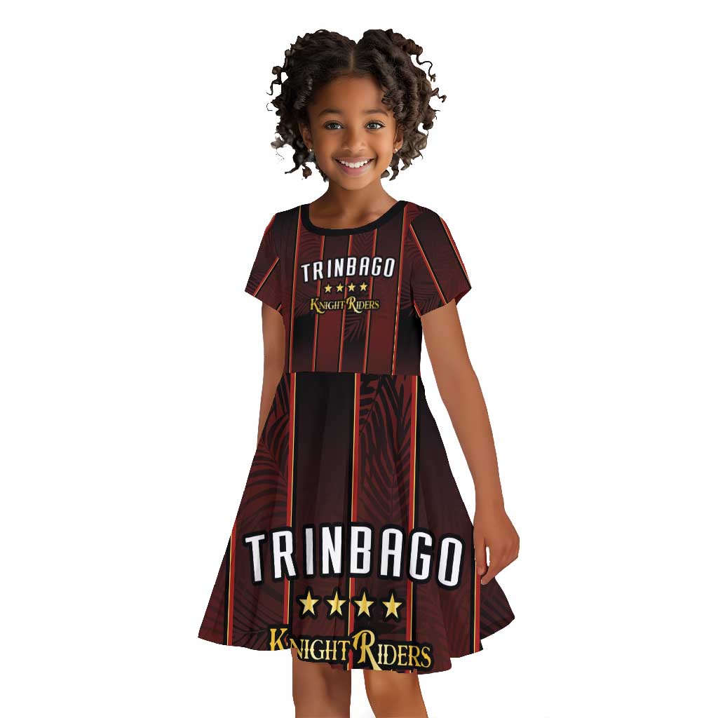 Custom Afro-Trinbago Cricket Knight Riders Kid Short Sleeve Dress Palm Leaves Stripes Style - African Pride