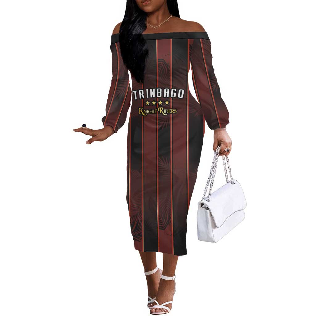 Custom Afro-Trinbago Cricket Knight Riders Off The Shoulder Long Sleeve Dress Palm Leaves Stripes Style - African Pride