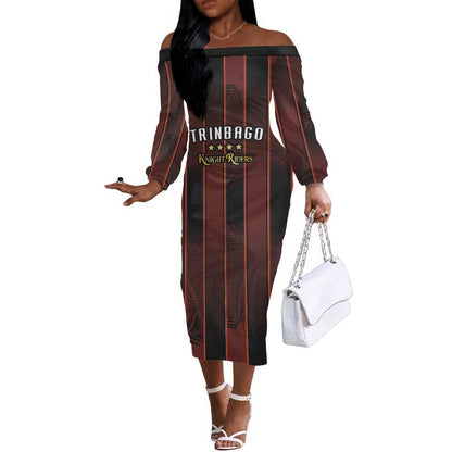 Custom Afro-Trinbago Cricket Knight Riders Off The Shoulder Long Sleeve Dress Palm Leaves Stripes Style - African Pride