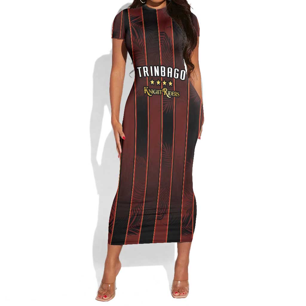 Custom Afro-Trinbago Cricket Knight Riders Short Sleeve Bodycon Dress Palm Leaves Stripes Style - African Pride