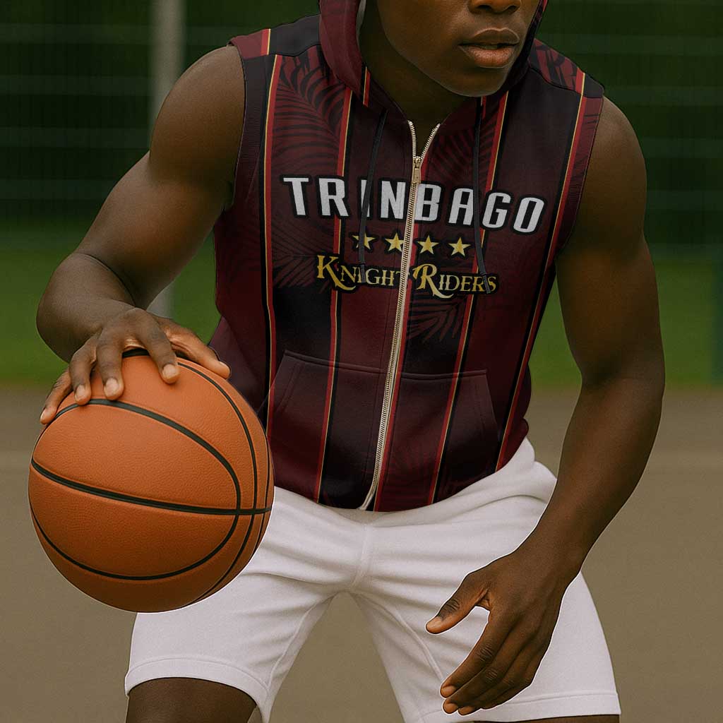 Custom Afro-Trinbago Cricket Knight Riders Sleeveless Zip Hoodie Palm Leaves Stripes Style - African Pride