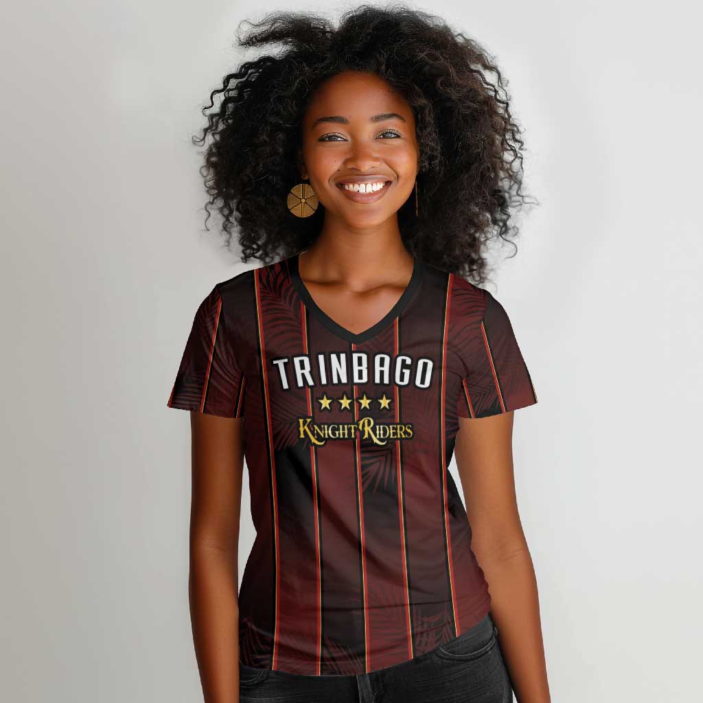 Custom Afro-Trinbago Cricket Knight Riders Women V-Neck T-Shirt Palm Leaves Stripes Style - African Pride