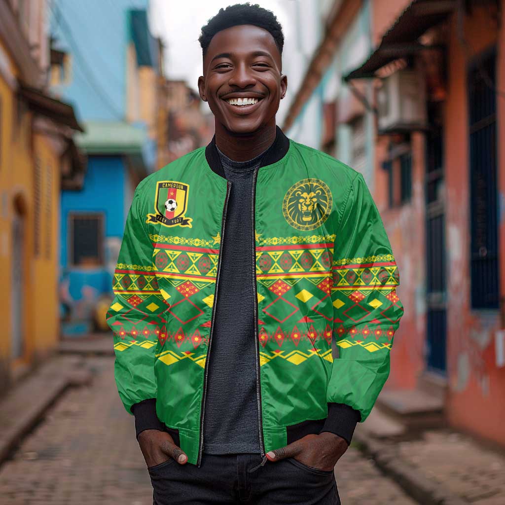 Custom Cameroon Football Bomber Jacket Tribal Motifs Green Color - African Pride