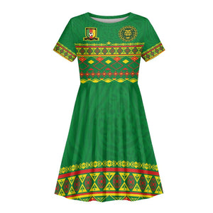 Custom Cameroon Football Kid Short Sleeve Dress Tribal Motifs Green Color - African Pride