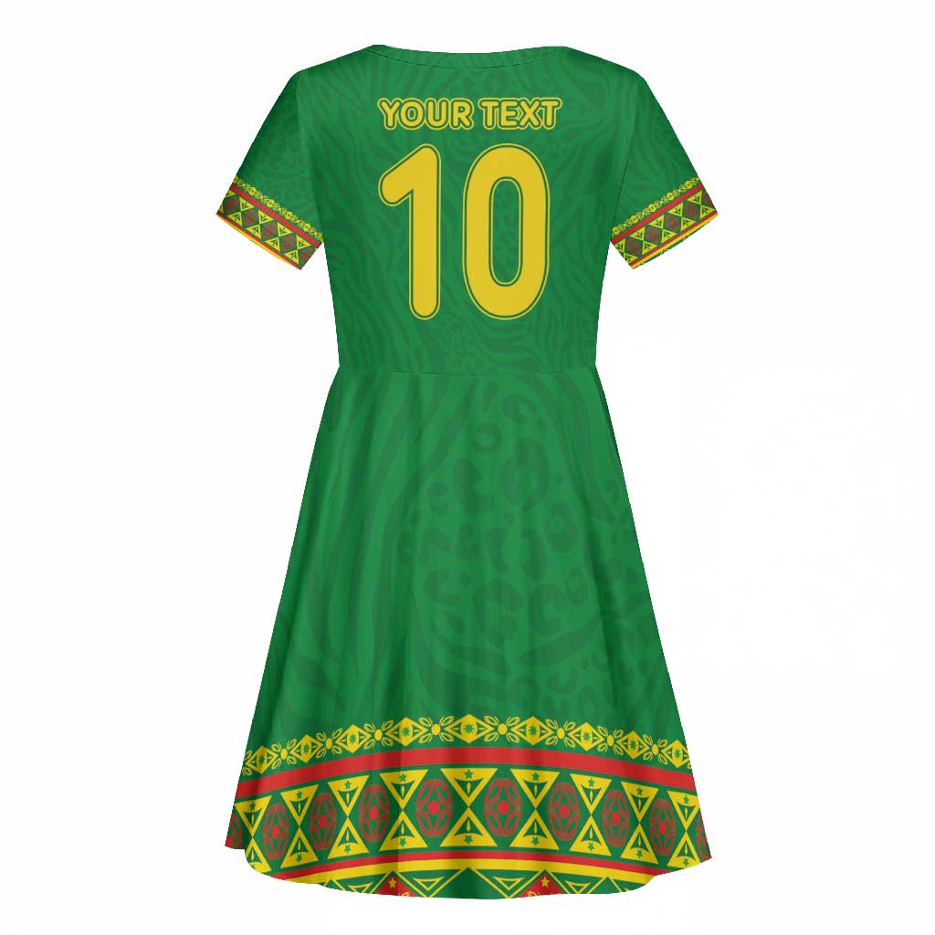Custom Cameroon Football Kid Short Sleeve Dress Tribal Motifs Green Color - African Pride