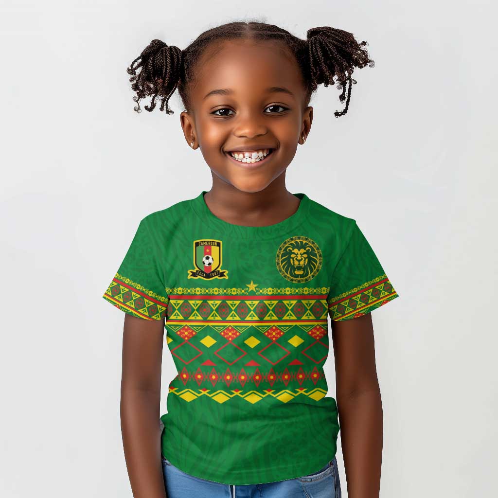 Custom Cameroon Football Kid T shirt Tribal Motifs Green Color - African Pride