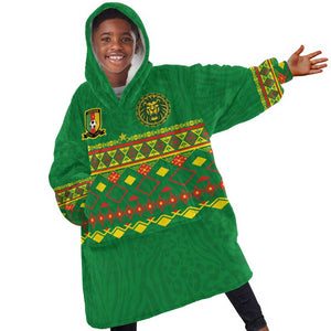 Custom Cameroon Football Kid Wearable Blanket Hoodie Tribal Motifs Green Color - African Pride