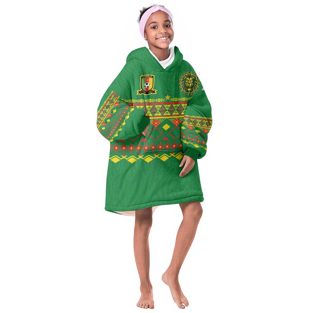 Custom Cameroon Football Kid Wearable Blanket Hoodie Tribal Motifs Green Color - African Pride