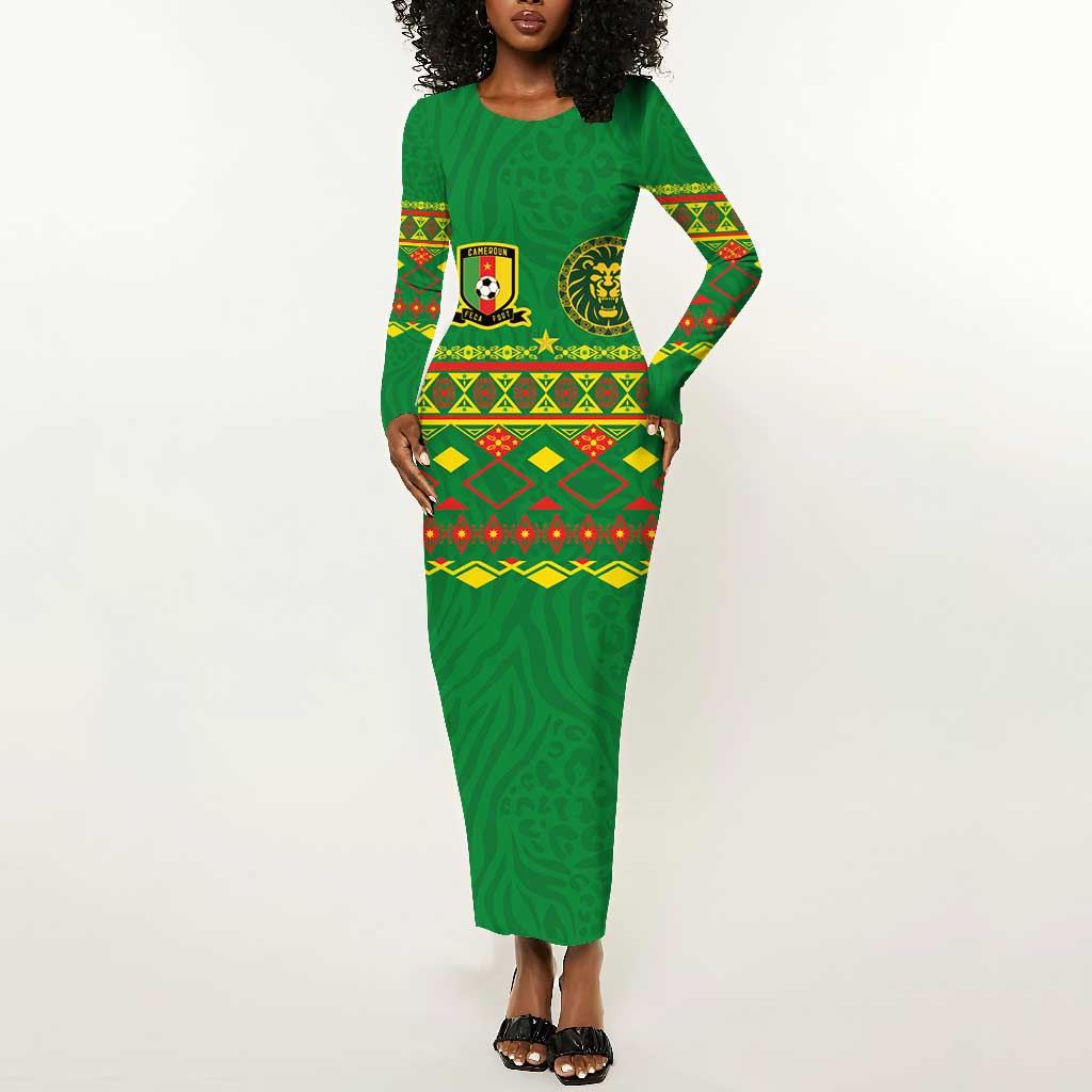 Custom Cameroon Football Long Sleeve Bodycon Dress Tribal Motifs Green Color - African Pride