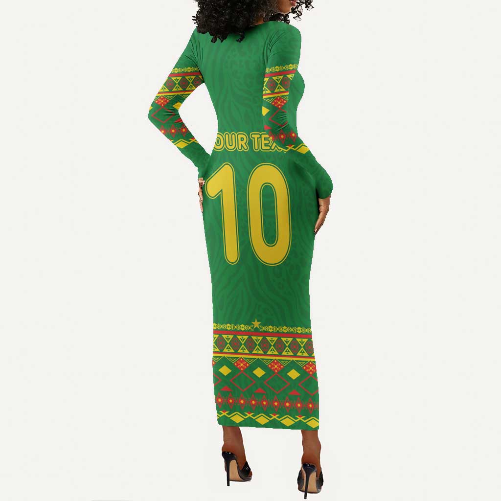Custom Cameroon Football Long Sleeve Bodycon Dress Tribal Motifs Green Color - African Pride