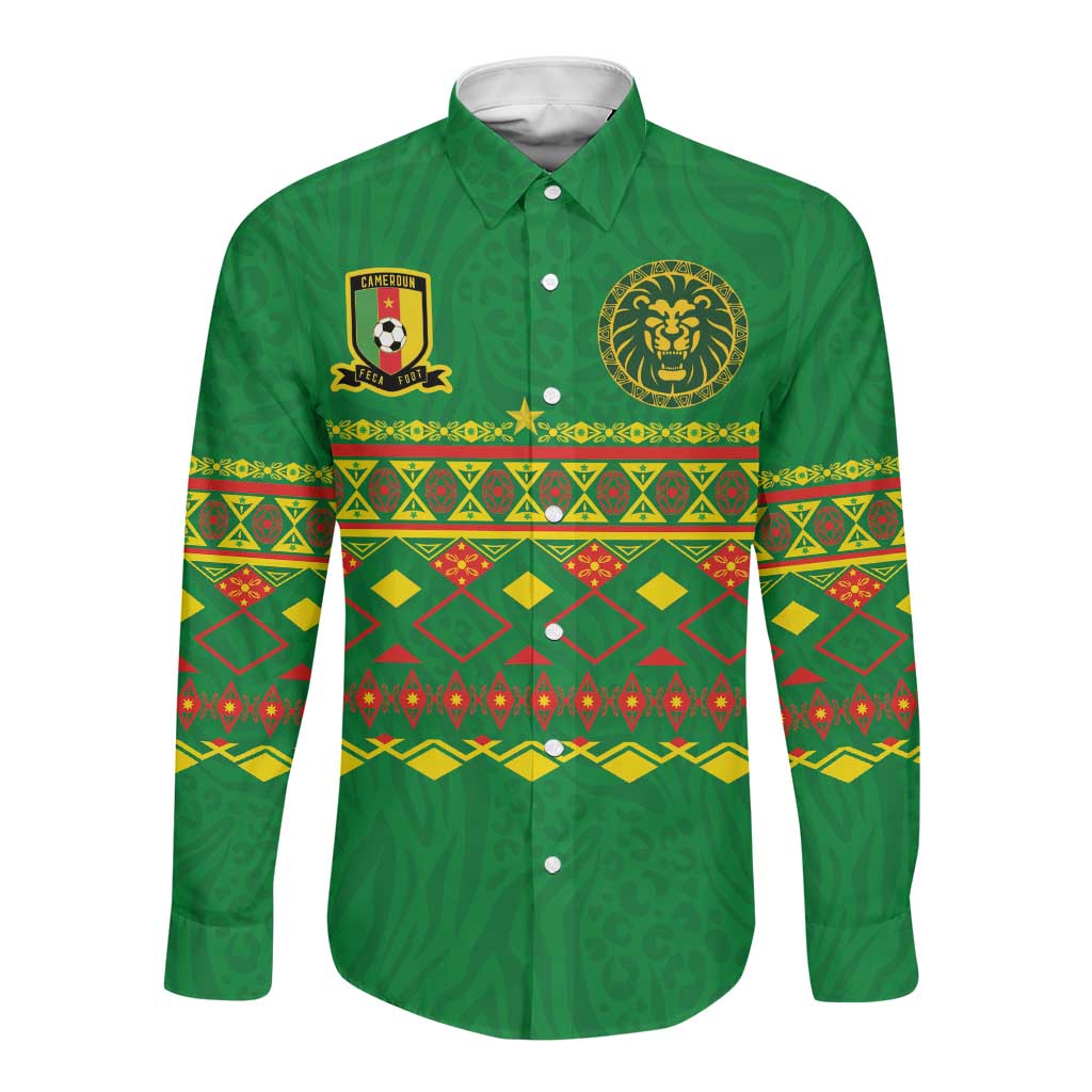 Custom Cameroon Football Long Sleeve Button Shirt Tribal Motifs Green Color - African Pride