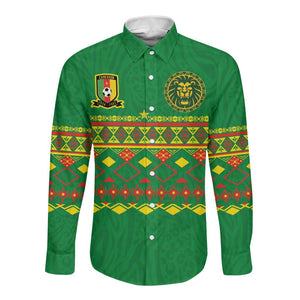 Custom Cameroon Football Long Sleeve Button Shirt Tribal Motifs Green Color - African Pride