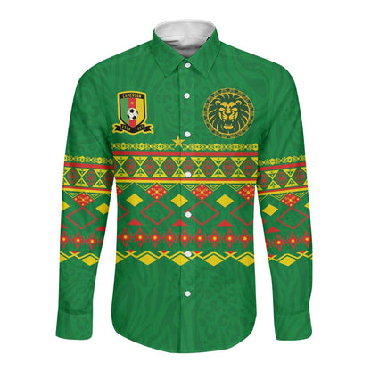Custom Cameroon Football Long Sleeve Button Shirt Tribal Motifs Green Color - African Pride