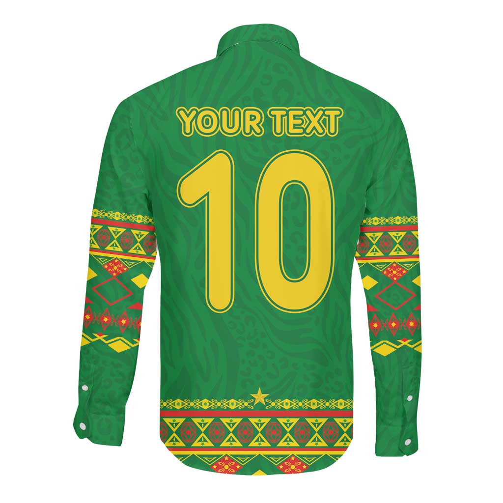 Custom Cameroon Football Long Sleeve Button Shirt Tribal Motifs Green Color - African Pride