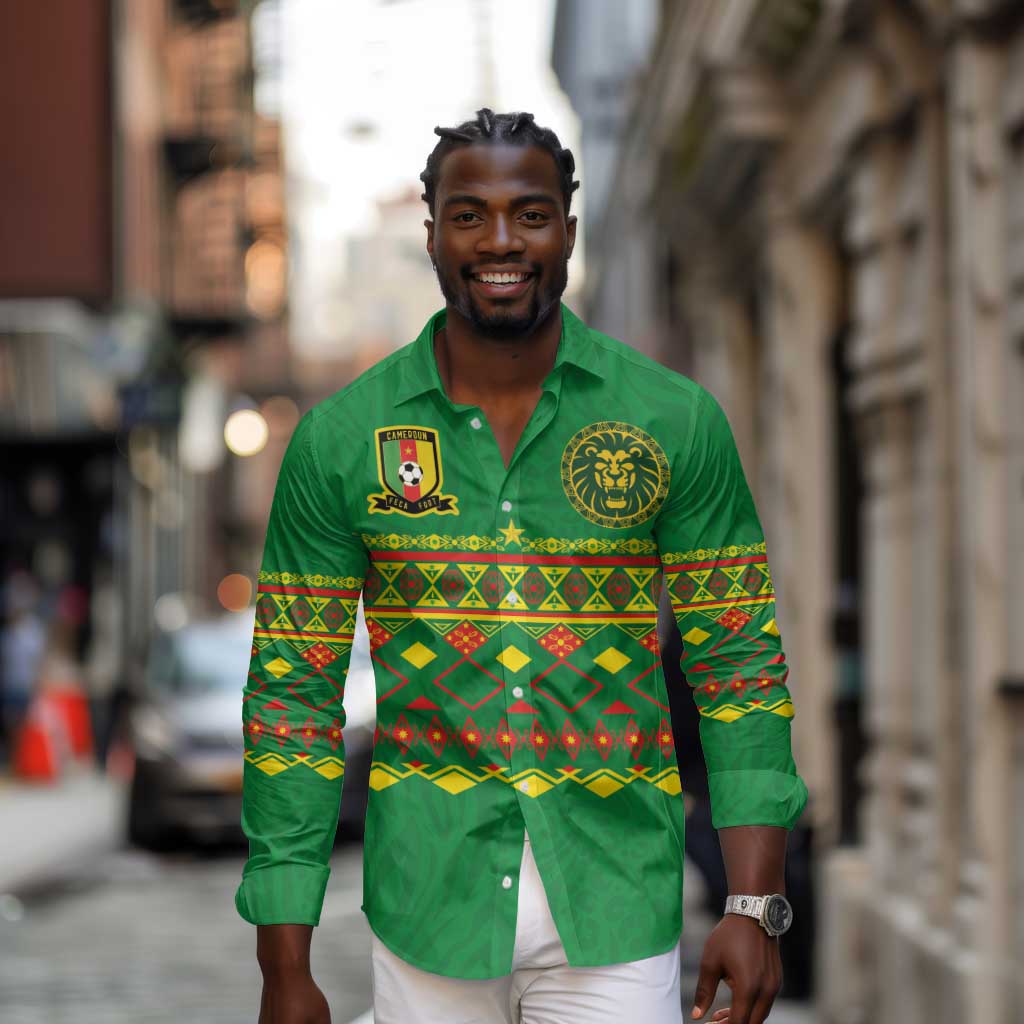 Custom Cameroon Football Long Sleeve Button Shirt Tribal Motifs Green Color - African Pride