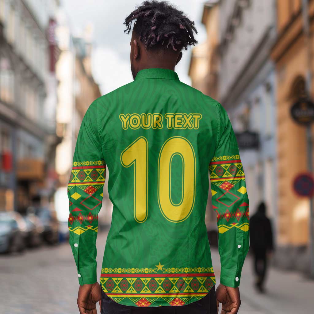 Custom Cameroon Football Long Sleeve Button Shirt Tribal Motifs Green Color - African Pride