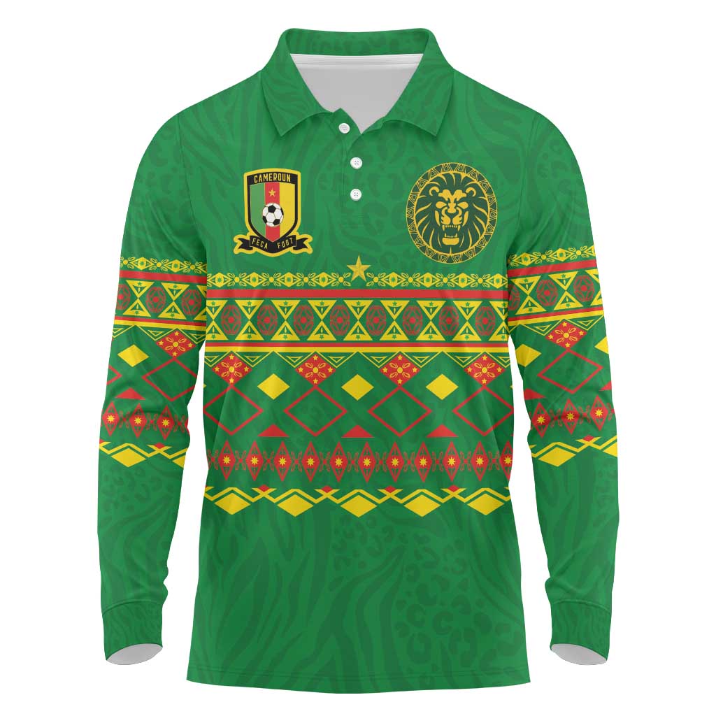 Custom Cameroon Football Long Sleeve Polo Shirt Tribal Motifs Green Color - African Pride