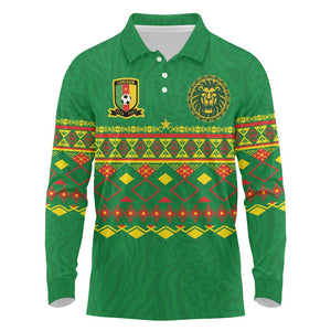 Custom Cameroon Football Long Sleeve Polo Shirt Tribal Motifs Green Color - African Pride