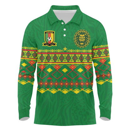 Custom Cameroon Football Long Sleeve Polo Shirt Tribal Motifs Green Color - African Pride
