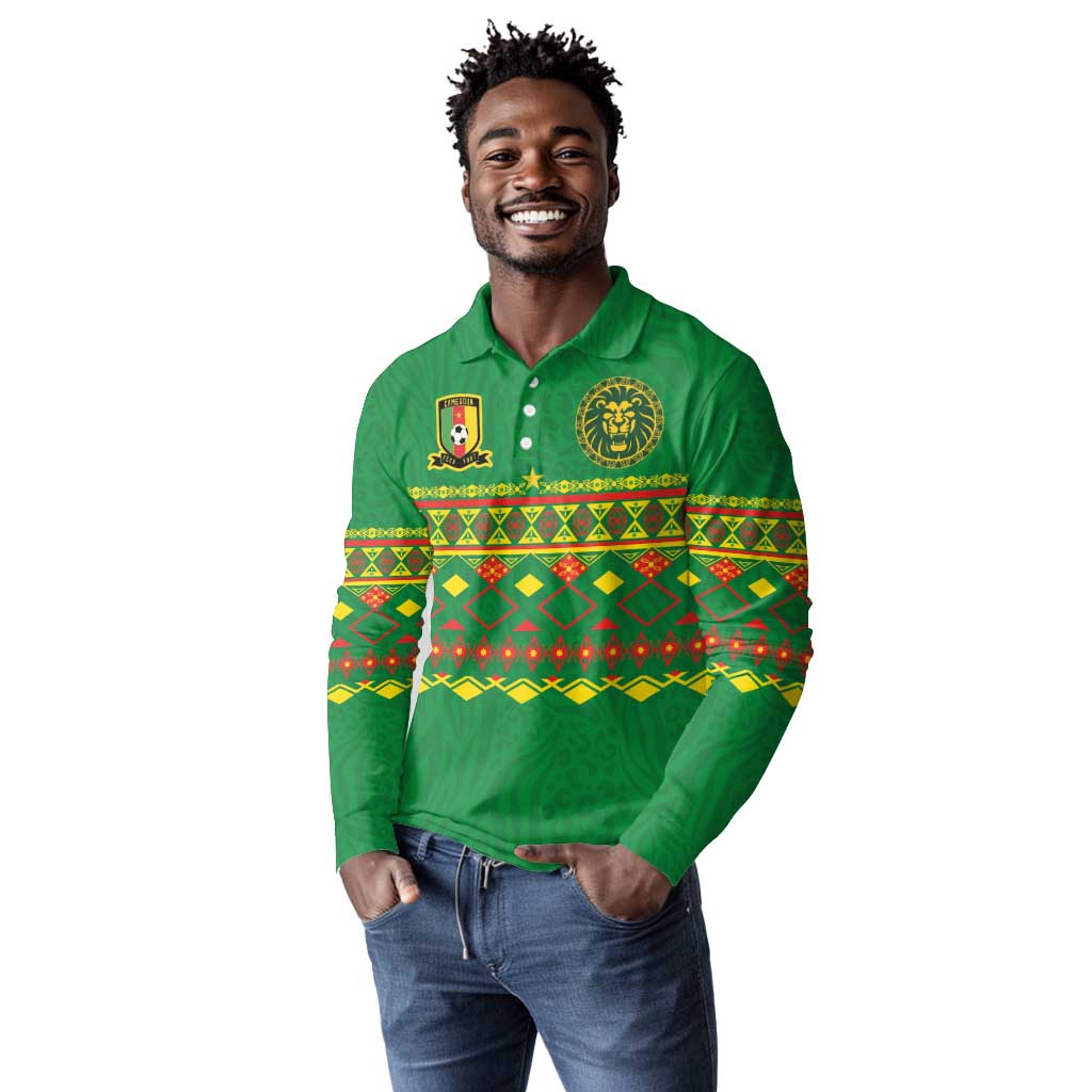 Custom Cameroon Football Long Sleeve Polo Shirt Tribal Motifs Green Color - African Pride