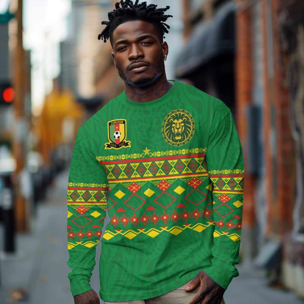 Custom Cameroon Football Long Sleeve Shirt Tribal Motifs Green Color - African Pride